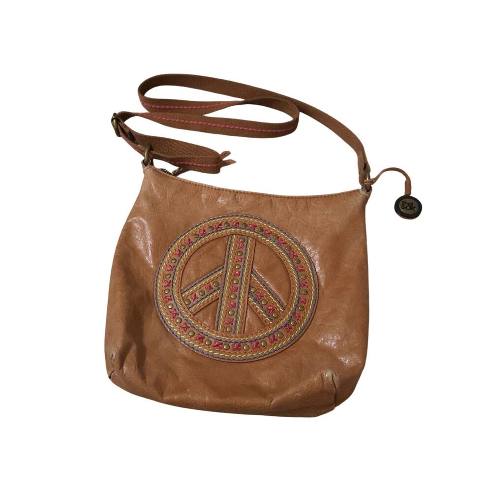 The Sak Embroidered Studded Peace Sign Tan Brown Leather Crossbody Purse Bag